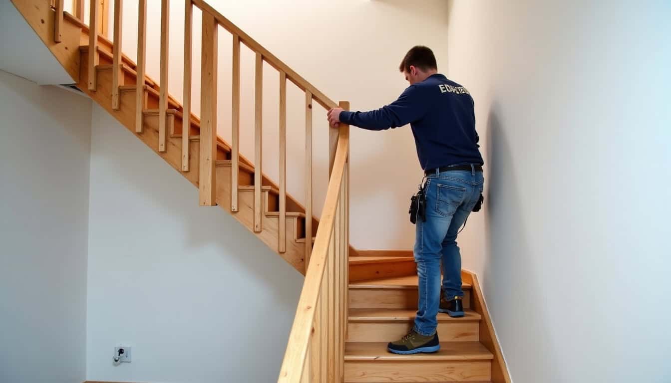 Installation d’un monte-escalier dans une maison à La Bâtie-Rolland, avec technicien en train de fixer le rail sur un escalier en bois