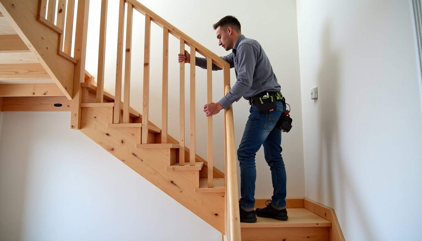 Installation d’un monte-escalier dans une maison à Ymare, technicien en train de poser un rail sur un escalier en bois