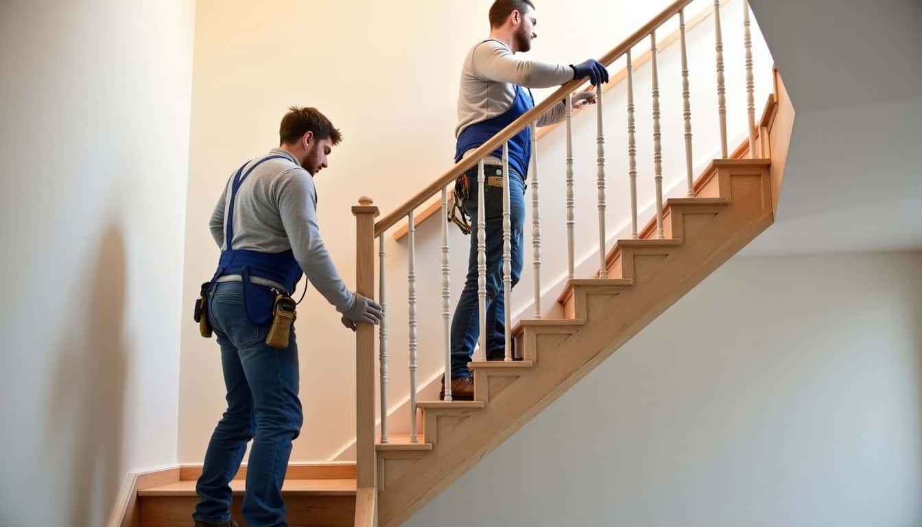 Installation d’un monte-escalier dans une maison ancienne à Uzès, avec technicien en intervention sur un escalier en colimaçon