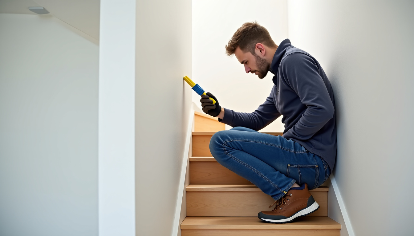 Installation d’un monte-escalier droit dans une maison à Savigné, avec un technicien en plein réglage du siège