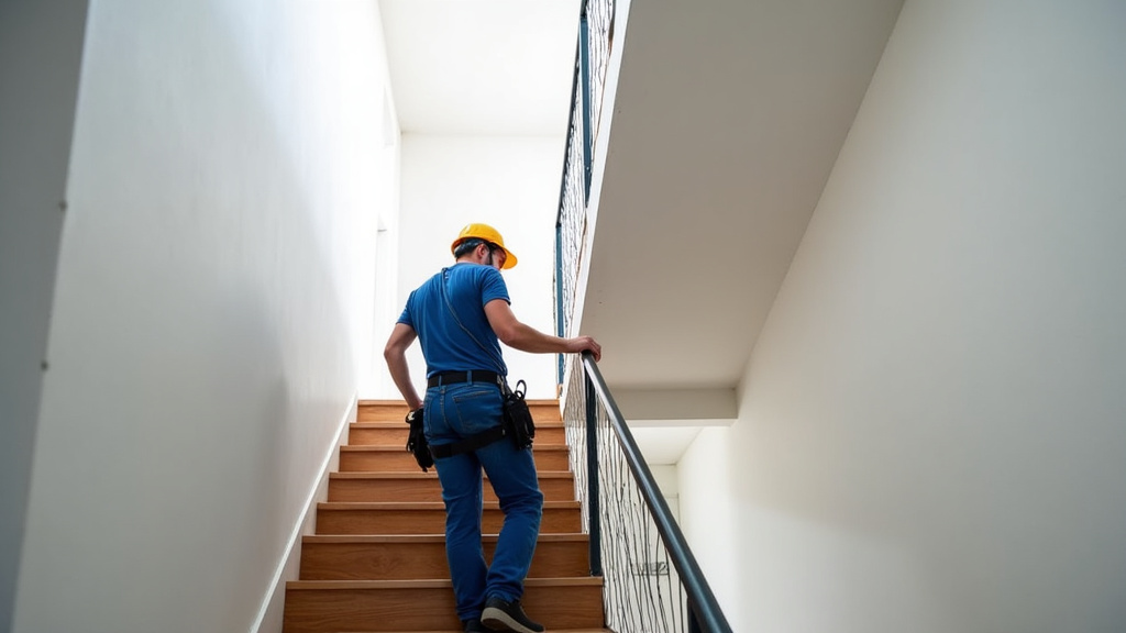 Installation d’un monte-escalier sur un escalier intérieur à Le Fauga, avec un technicien en train de fixer le rail