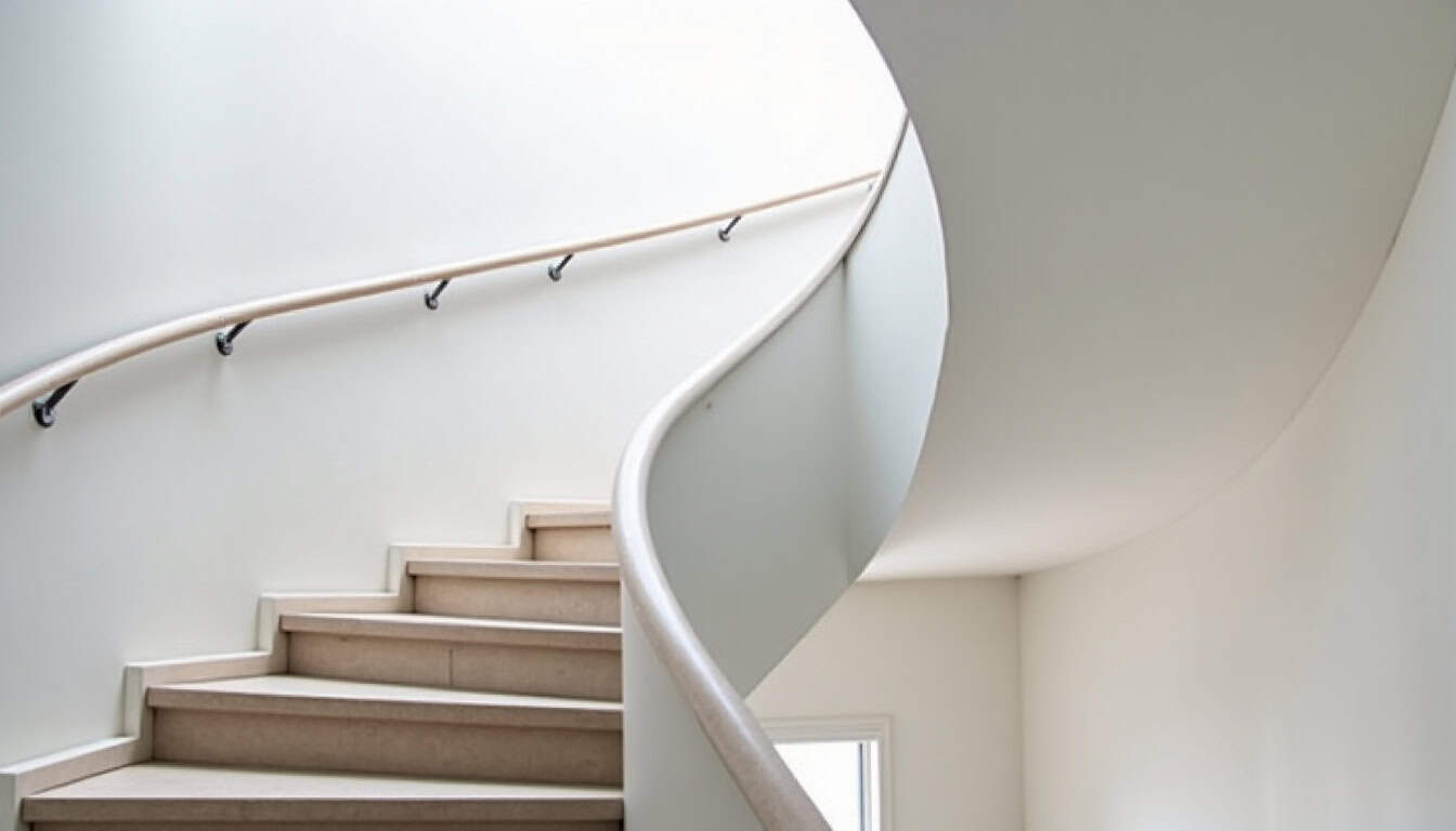 Installation d’un monte-escalier tournant dans un escalier avec courbe, vue d’ensemble du rail et du siège