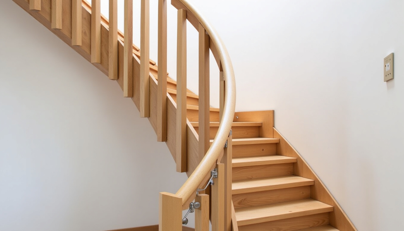 Monte-escalier courbe installé sur un escalier en bois dans une maison à Saint-Georges-les-Bains, avec rail sur mesure et siège ergonomique