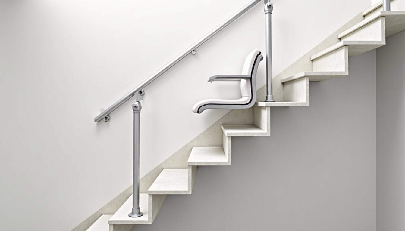 Monte-escalier droit installé dans une maison à Chamarandes-Choignes, montrant le rail fixé sur les marches et le siège en position repliée