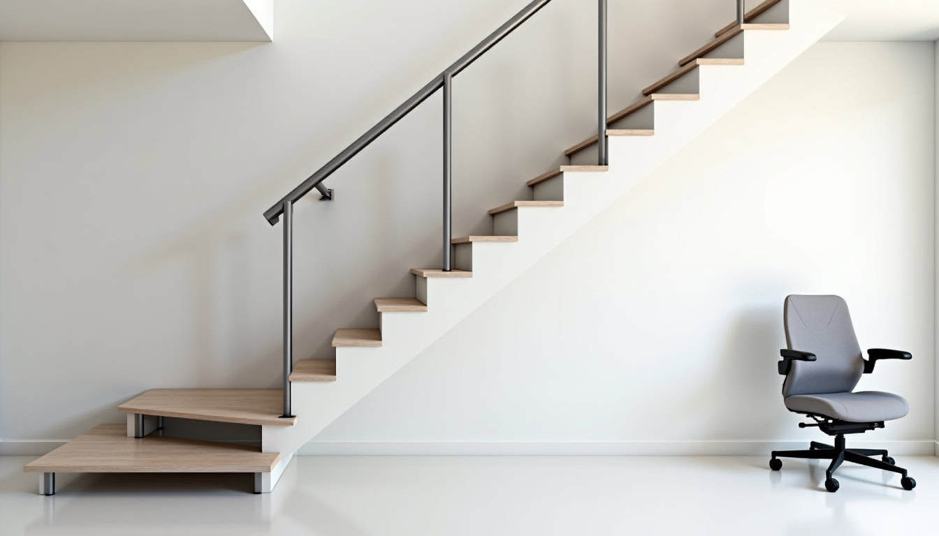 Monte-escalier droit installé dans une maison à Montry, avec rail rectiligne et siège ergonomique