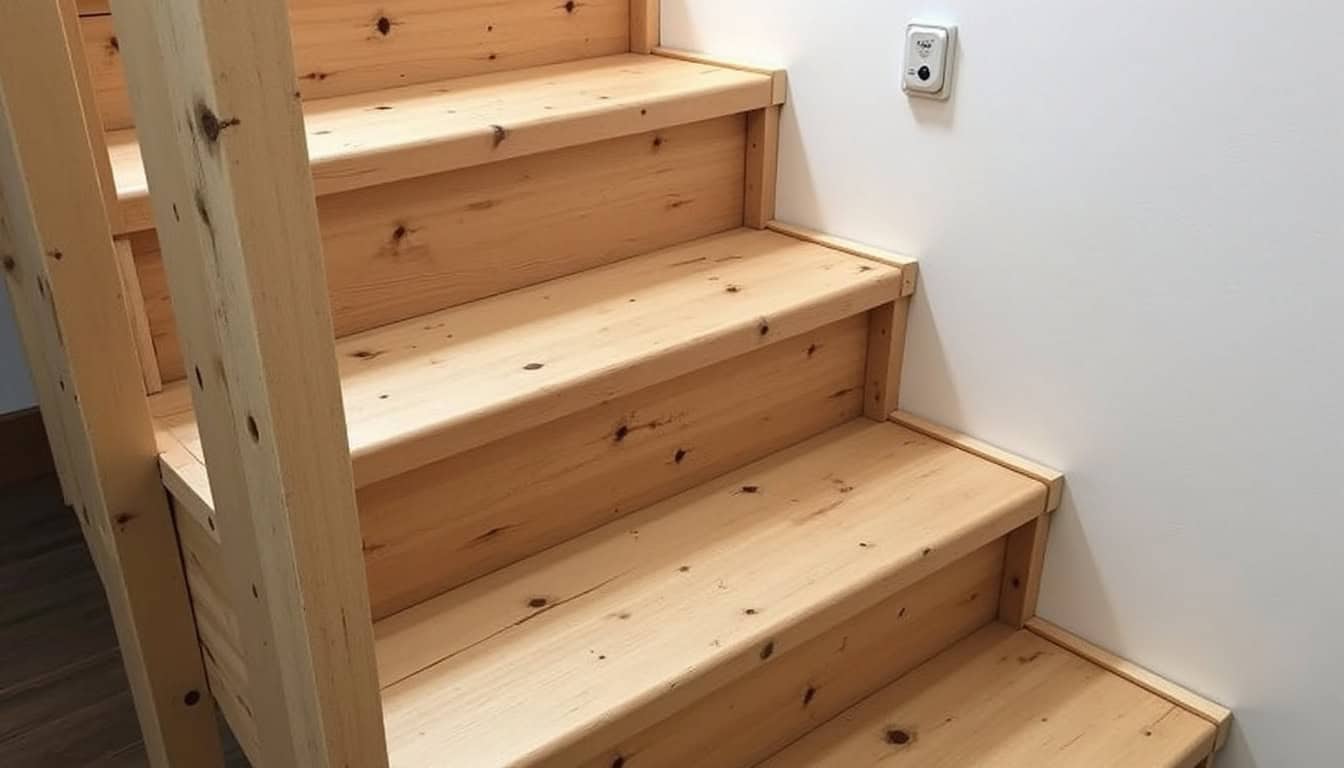 Monte-escalier droit installé sur un escalier en bois ancien à Saint-Bauzille-de-Montmel, avec repose-pieds ajustables et commande à portée de main