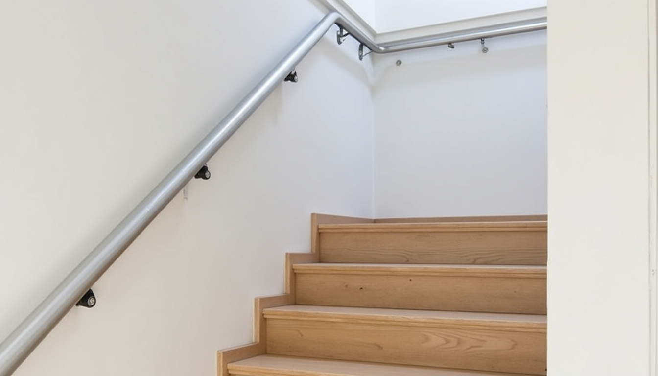 Monte-escalier droit installé sur un escalier en bois dans une maison de Rivière-Salée, avec rail en aluminium anodisé et siège gris clair
