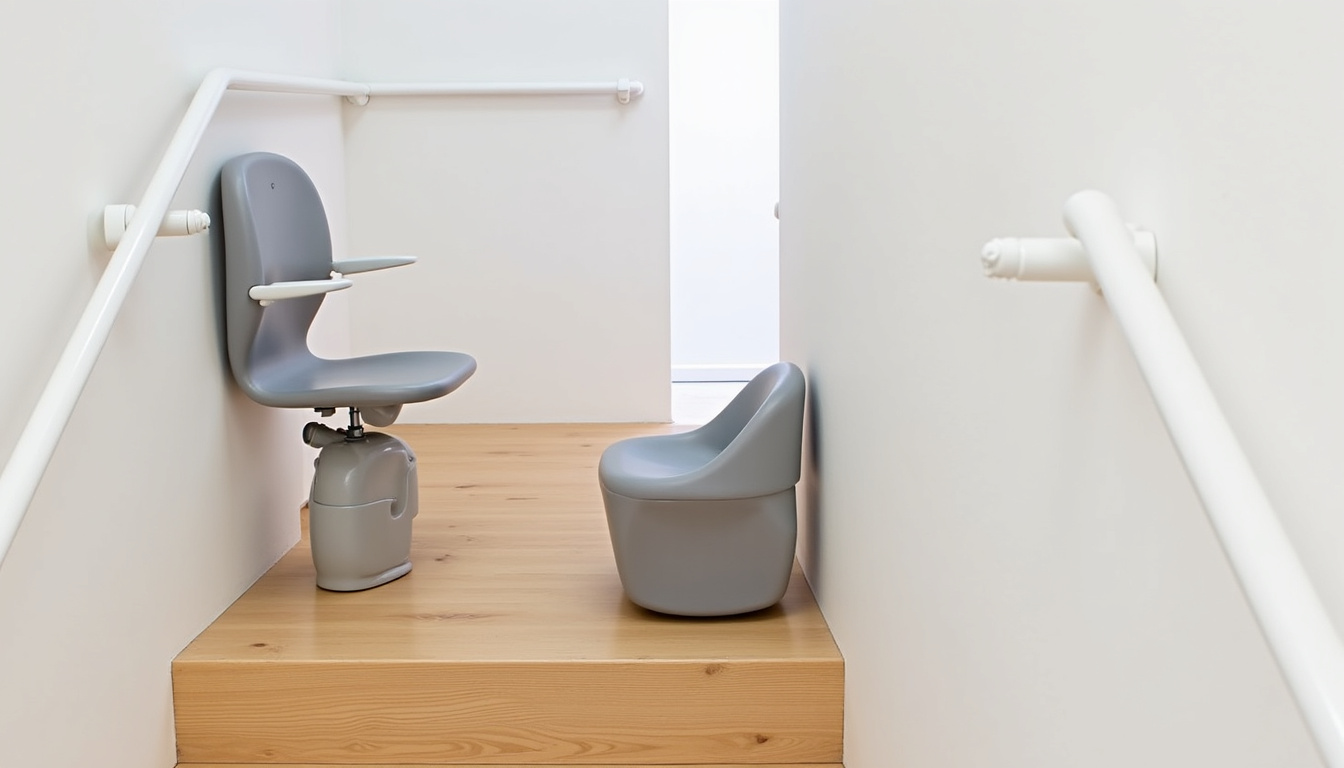 Monte-escalier droit installé sur un escalier en bois dans une maison de Saint-Maurice-de-Beynost, avec siège gris et rail blanc