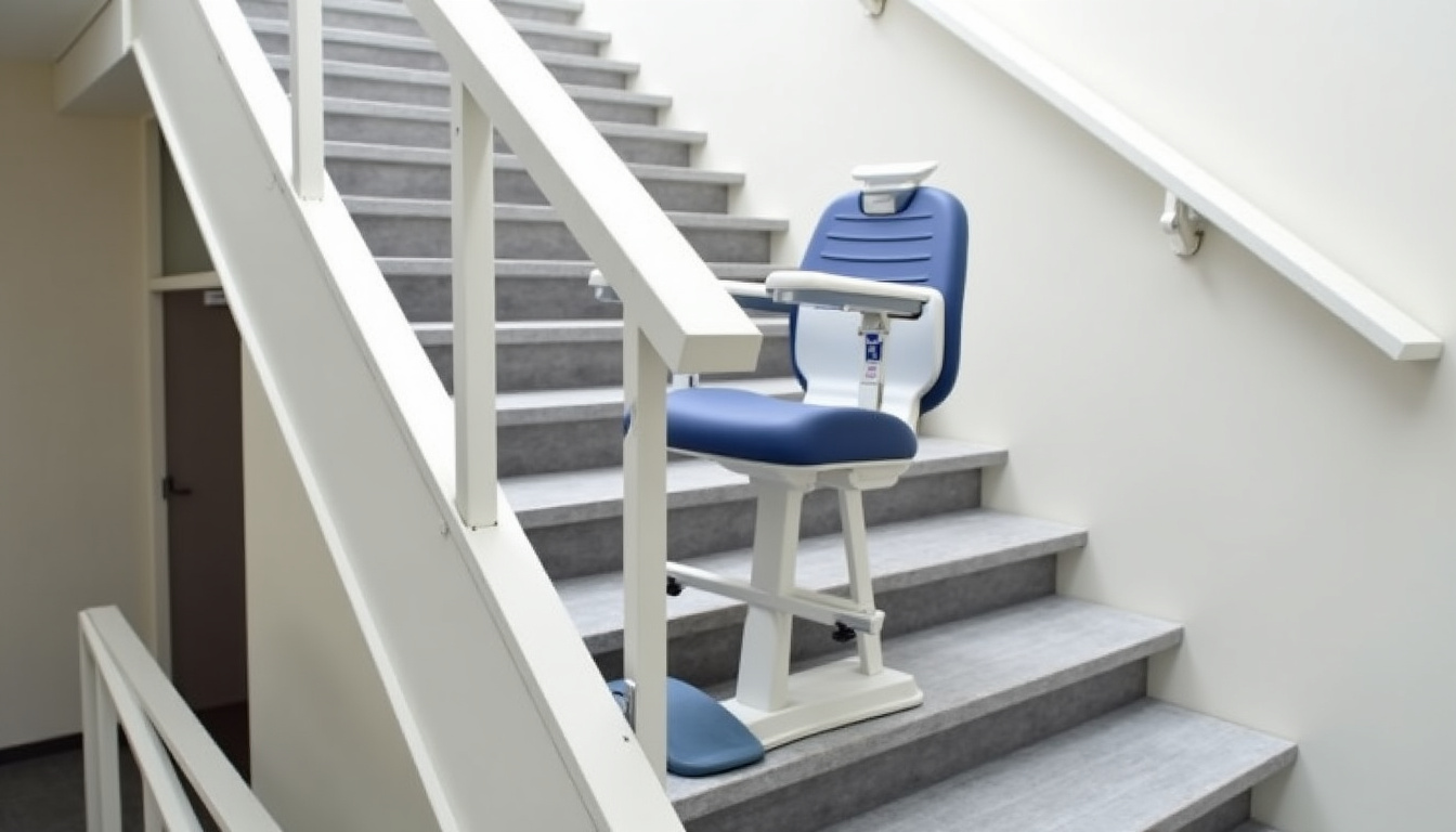 Monte-escalier droit installé sur un escalier intérieur à Eu, montrant un fauteuil ergonomique sur un rail discret