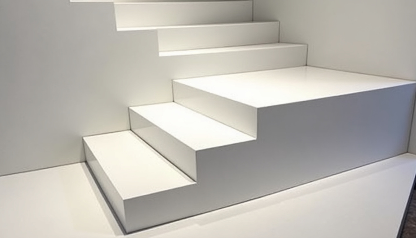 Monte-escalier en exposition dans un showroom à Guiscard, modèle droit et tournant visibles