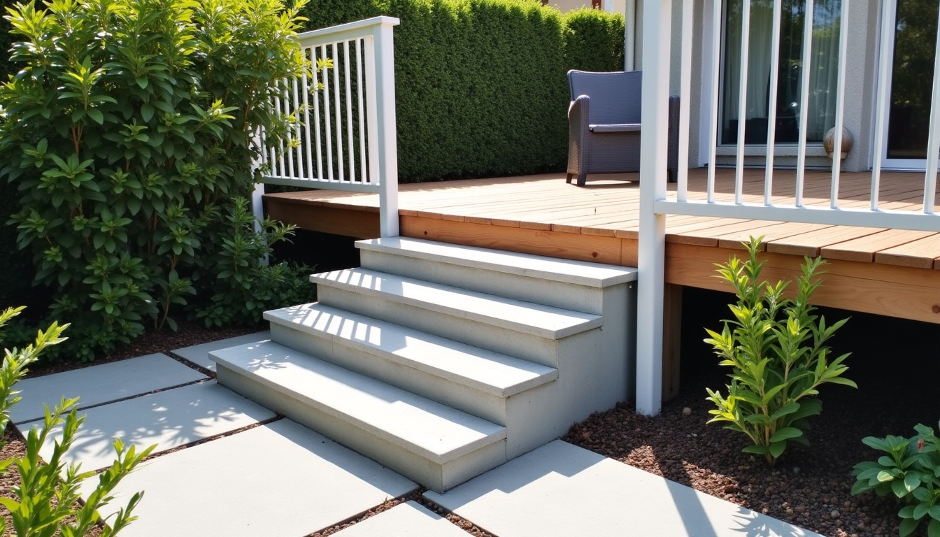 Monte-escalier extérieur en aluminium sur un petit escalier en béton menant à une terrasse en bois, avec siège gris et rail blanc, dans un jardin tropical à Rivière-Salée