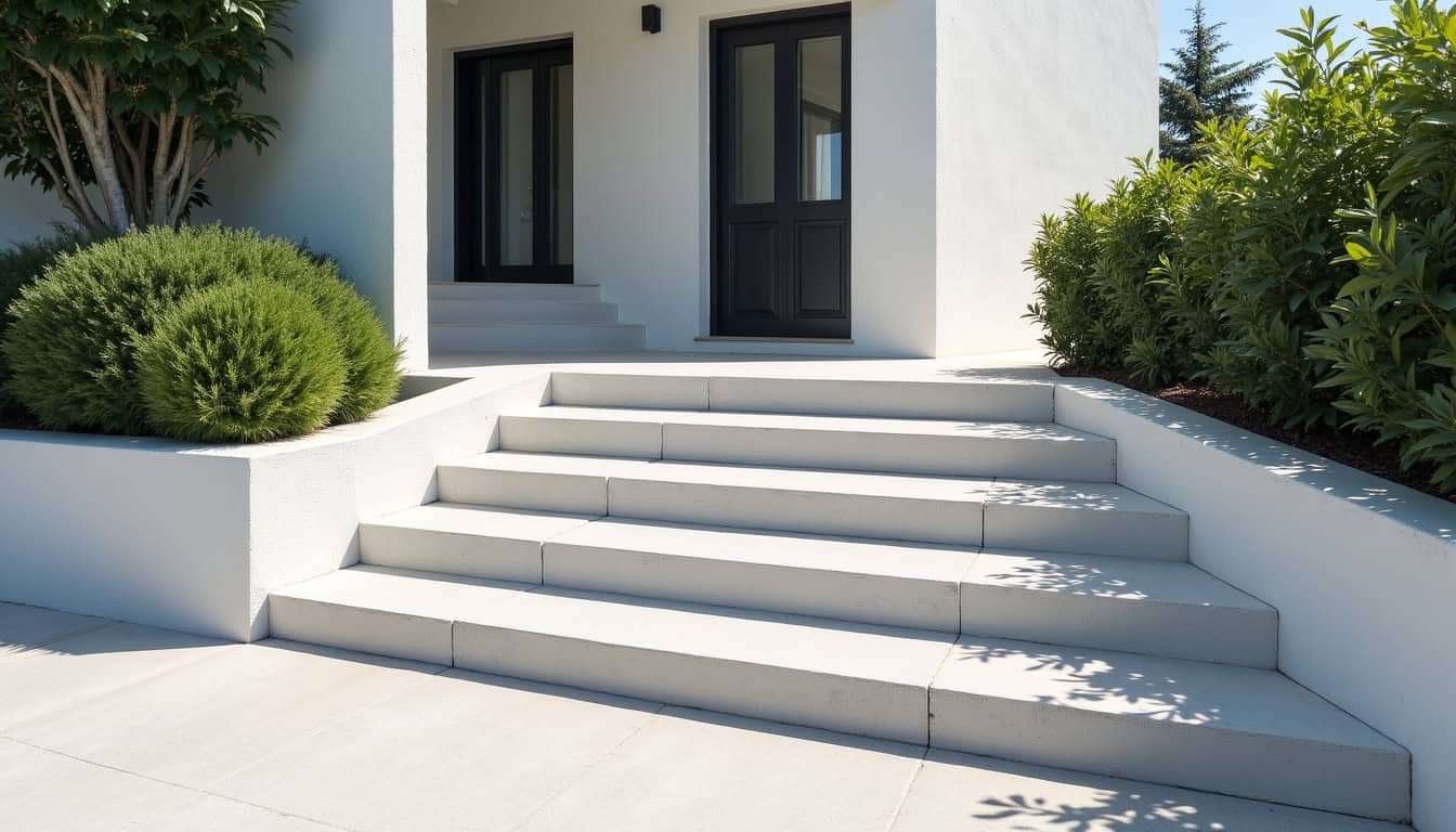 Monte-escalier extérieur en fonctionnement devant une maison à Saint-Pierre-Église