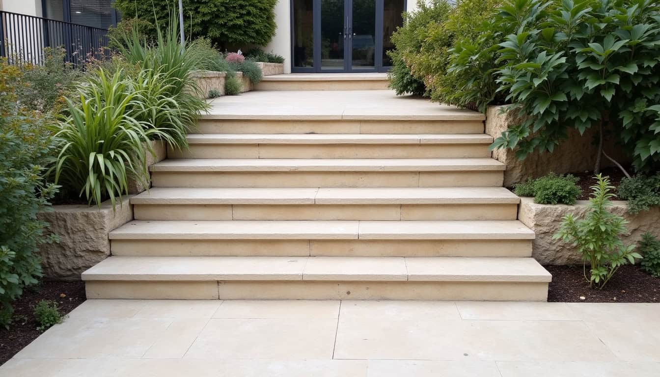 Monte-escalier extérieur installé à Les Vans, Ardèche, résistant aux intempéries et permettant un accès sécurisé au jardin