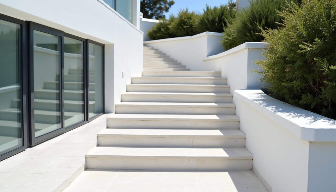 Monte-escalier extérieur installé dans une villa à Saint-Jean-Cap-Ferrat, résistant aux intempéries et intégré harmonieusement à l