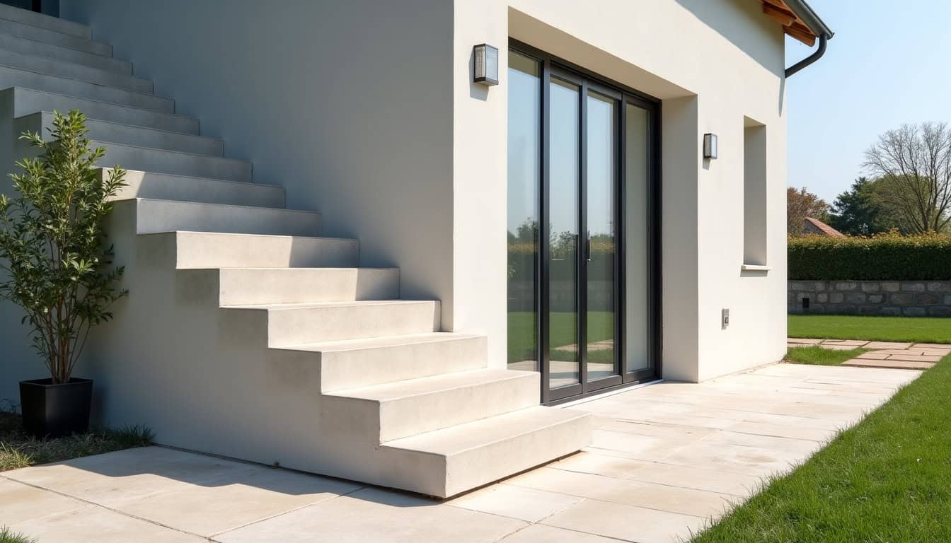 Monte-escalier extérieur installé devant une maison à Thèreval, en milieu rural