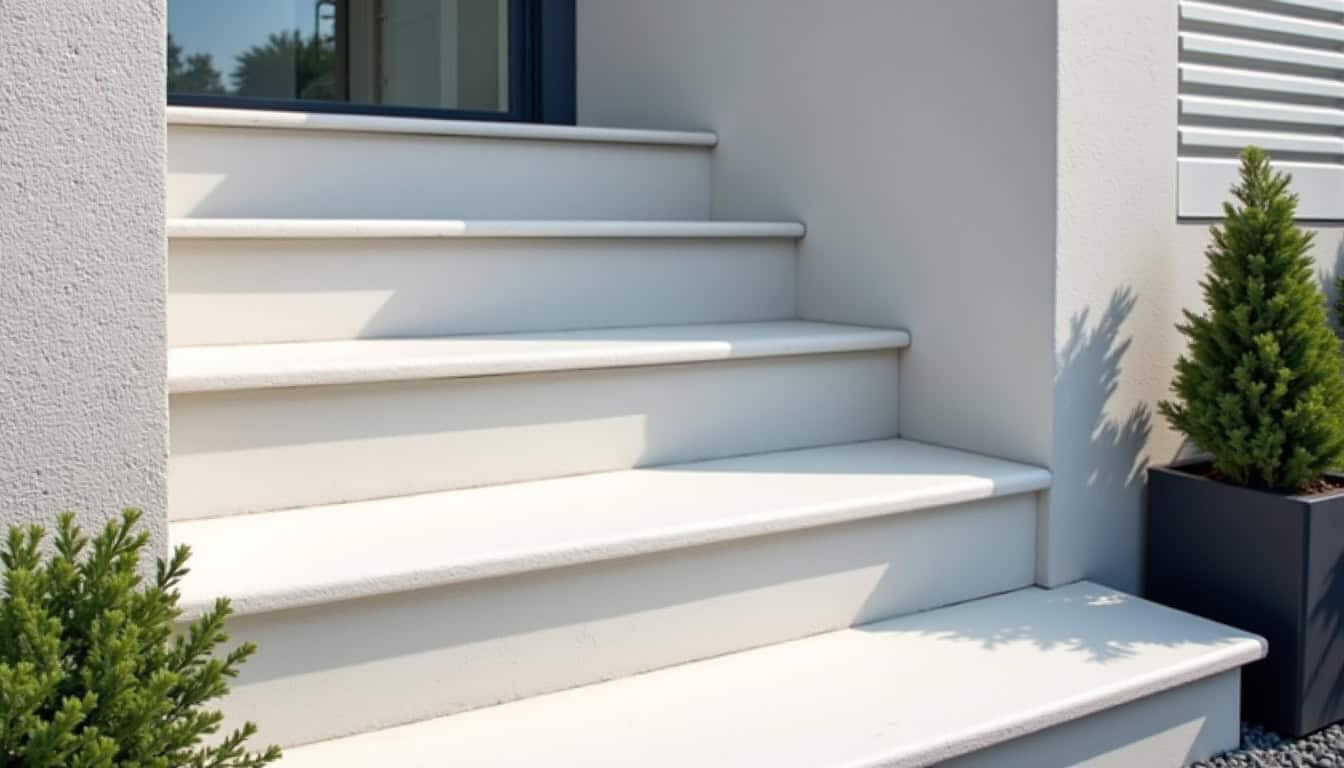Monte-escalier extérieur installé devant une maison traditionnelle à Saint-Aubin-des-Bois