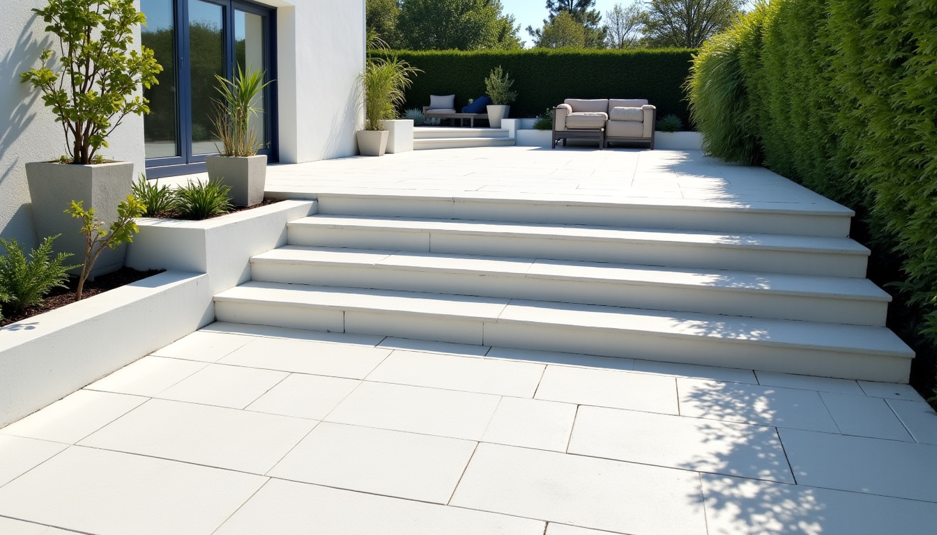 Monte-escalier extérieur installé entre un jardin et une terrasse à Saint-Martin-de-l