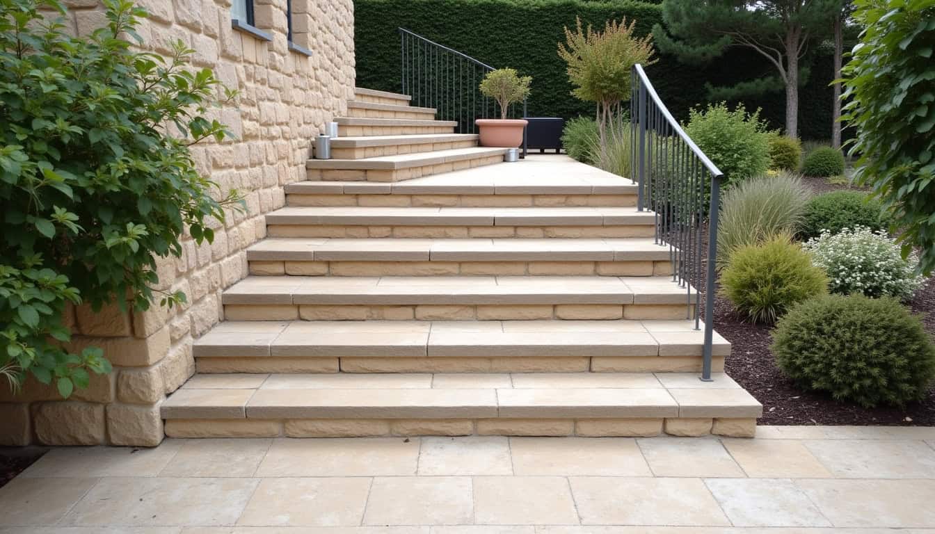 Monte-escalier extérieur installé sur un escalier de jardin en pierre, avec protection contre les intempéries, vue depuis la cour d