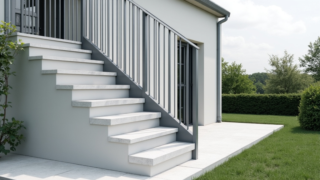 Monte-escalier extérieur installé sur un escalier de jardin, montrant le rail en acier inoxydable et la protection du siège