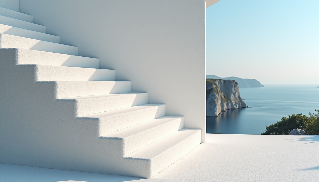 Monte-escalier extérieur installé sur une terrasse à Étretat avec vue sur la falaise