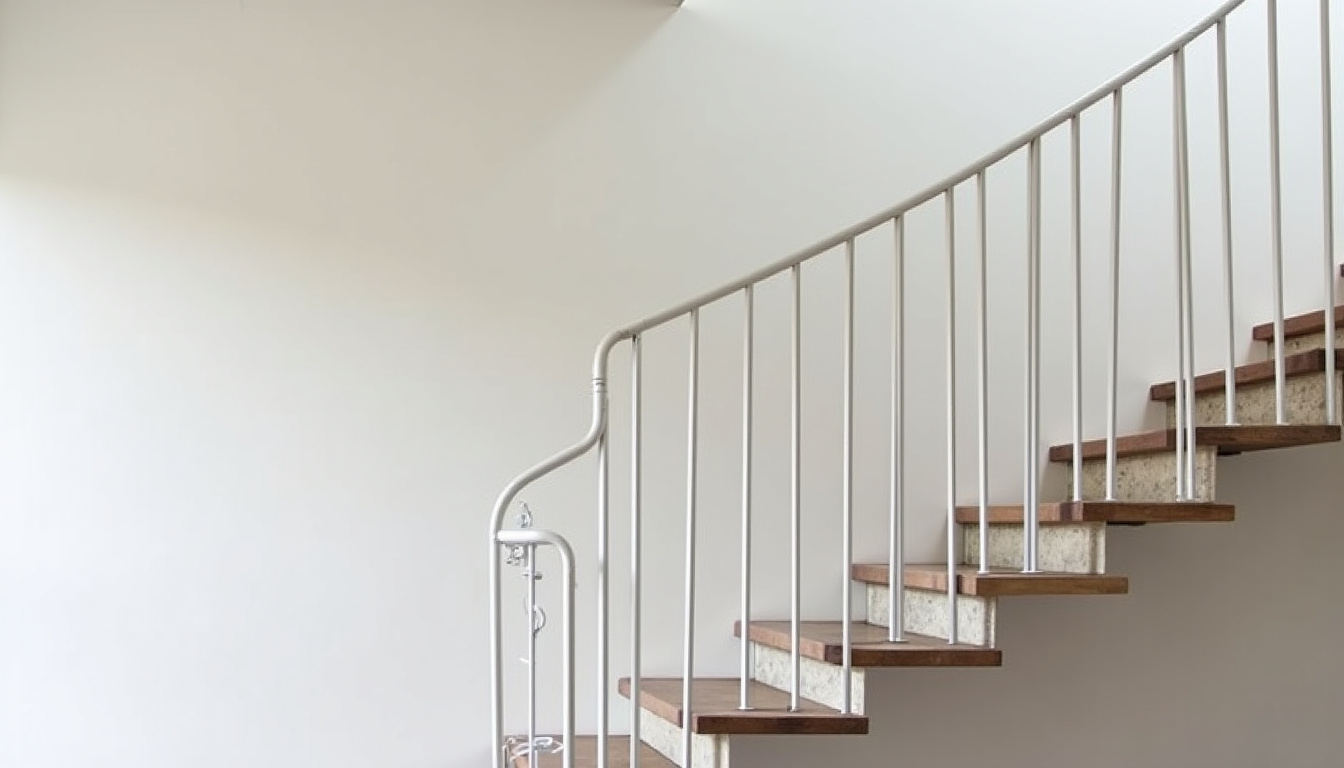 Monte-escalier tournant sur un escalier en pierre avec virage à 90 degrés, installé dans une maison de Rivière-Salée, rail en acier laqué blanc