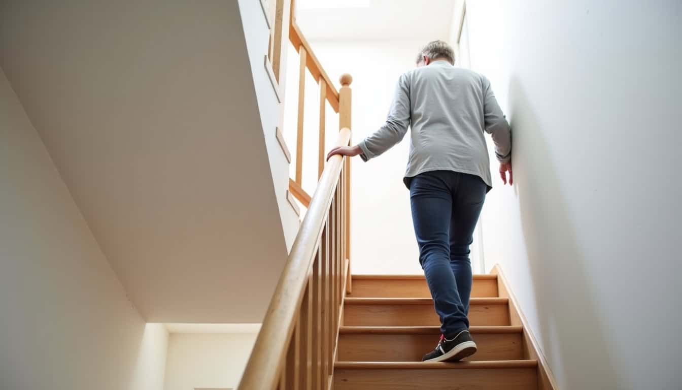 Personne âgée utilisant son monte-escalier au quotidien dans une maison à Clohars-Fouesnant
