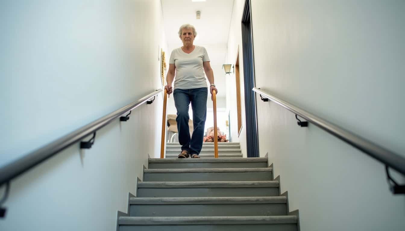 Personne âgée utilisant son monte-escalier aux Angles avec satisfaction