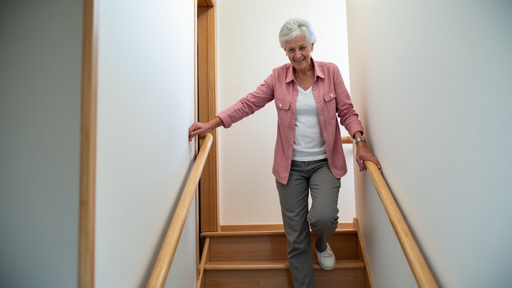 Personne âgée utilisant son monte-escalier avec satisfaction dans sa maison à Rugles