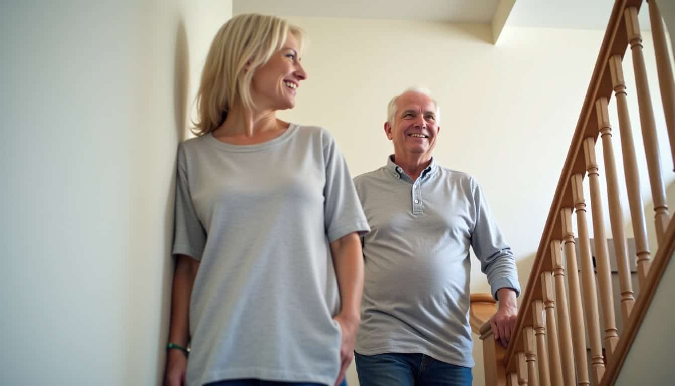 Personne âgée utilisant son monte-escalier dans sa maison à Rieux avec un sourire de soulagement