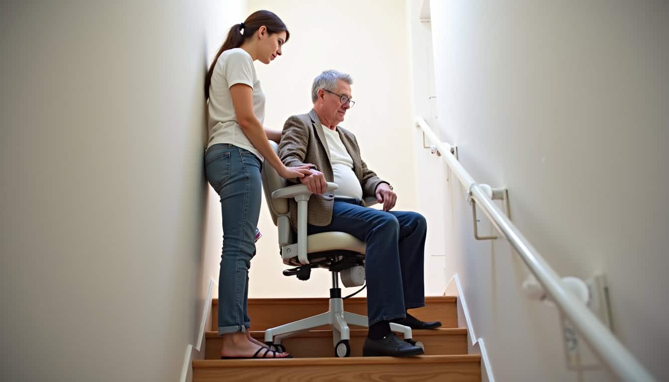 Personne âgée utilisant un fauteuil monte-escalier dans une maison typique de Cusy