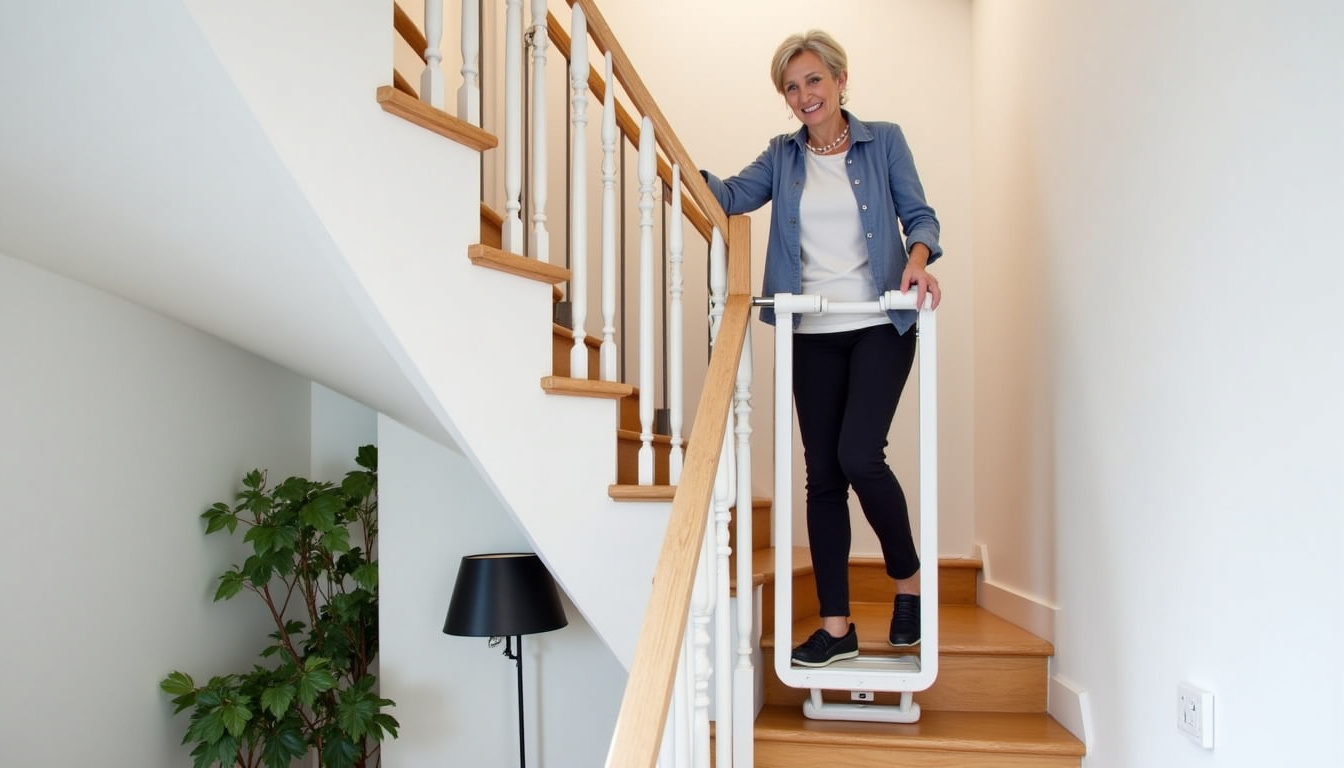 Personne âgée utilisant un monte-escalier assis en toute sécurité pour monter les escaliers de son domicile à Cosne-Cours-sur-Loire