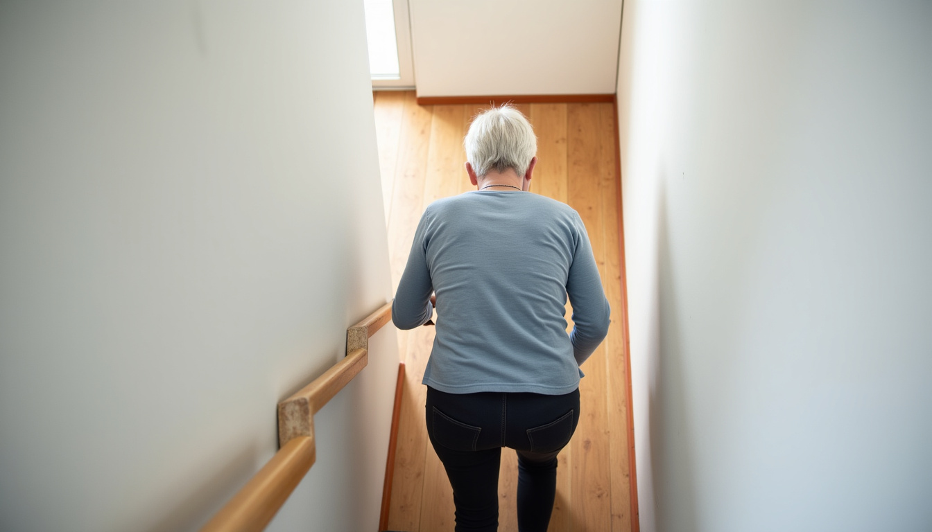 Personne âgée utilisant un monte-escalier dans sa maison à Crissey