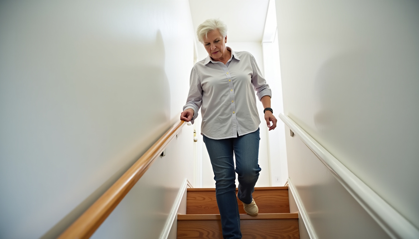 Personne âgée utilisant un monte-escalier dans sa maison à Martin-Église