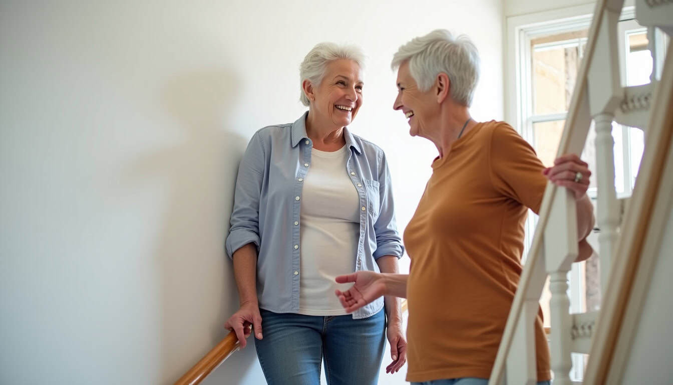 Personne âgée utilisant un monte-escalier dans une maison à Balma, souriante et en sécurité