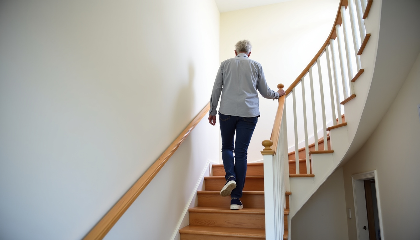 Personne âgée utilisant un monte-escalier dans une maison à Chemazé