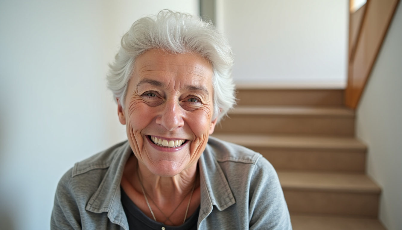 Personne âgée utilisant un monte-escalier dans une maison à Les Bordes, sourire détendu sur le visage