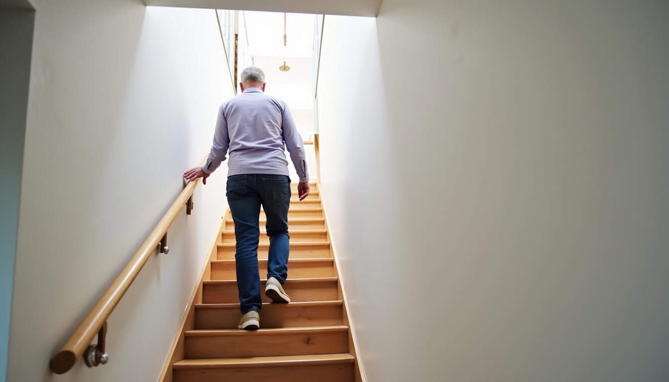 Personne âgée utilisant un monte-escalier intérieur dans une maison de Thorigny-sur-Oreuse, assise confortablement et actionnant la télécommande