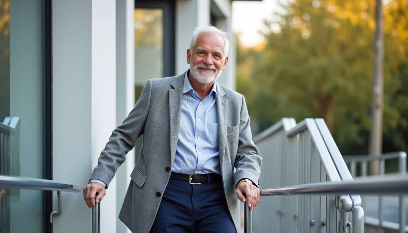 Portrait d’un senior utilisant son monte-escalier à Tigery, souriant et en pleine autonomie