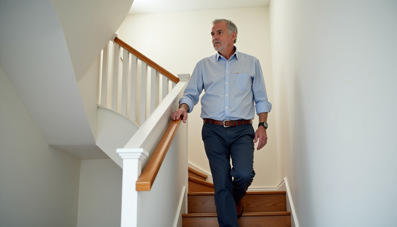 Portrait d’un senior utilisant un monte-escalier dans sa maison à Aumetz