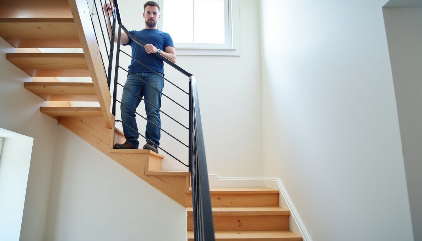 Pose d’un monte-escalier tournant par un technicien dans une maison de Saint-Hilaire-de-Brethmas