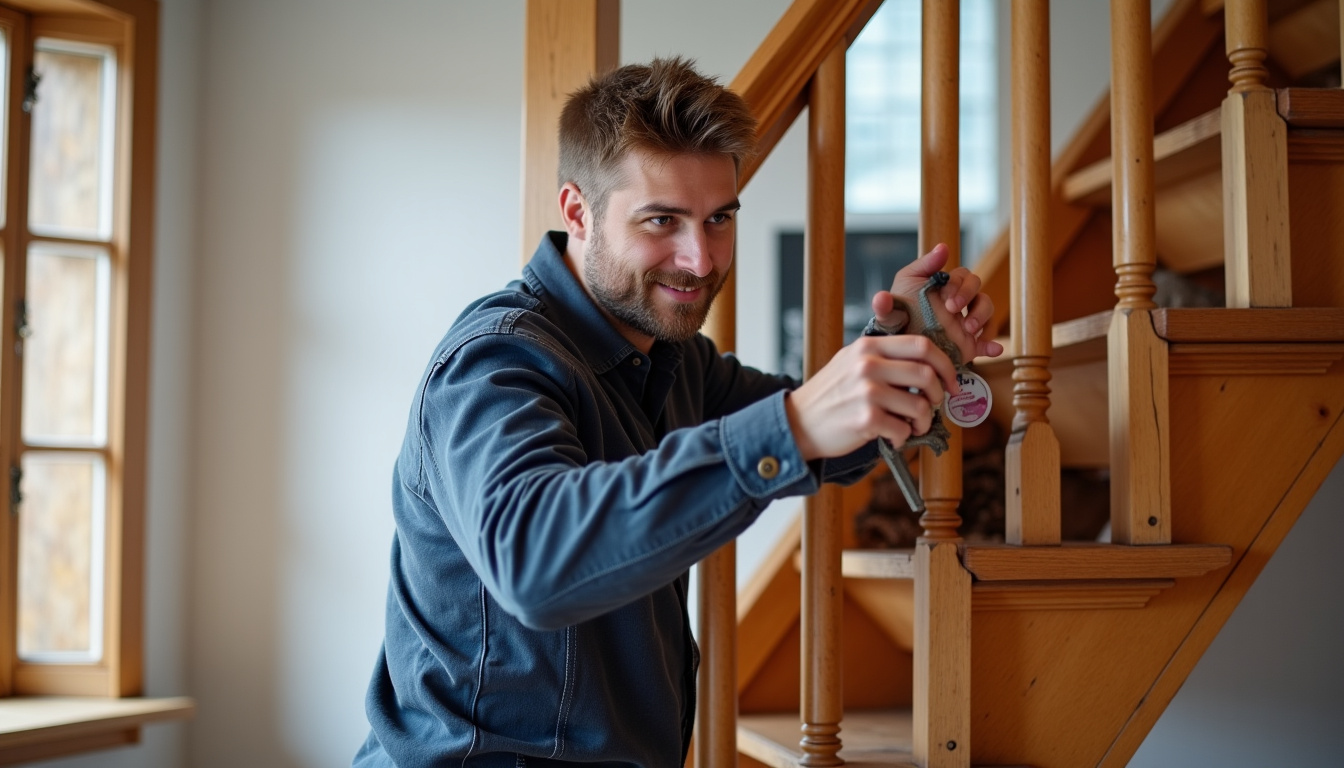 Professionnel en train d’installer un rail de monte-escalier sur un escalier tournant en bois dans une maison ancienne de Saint-Hilaire-Bonneval