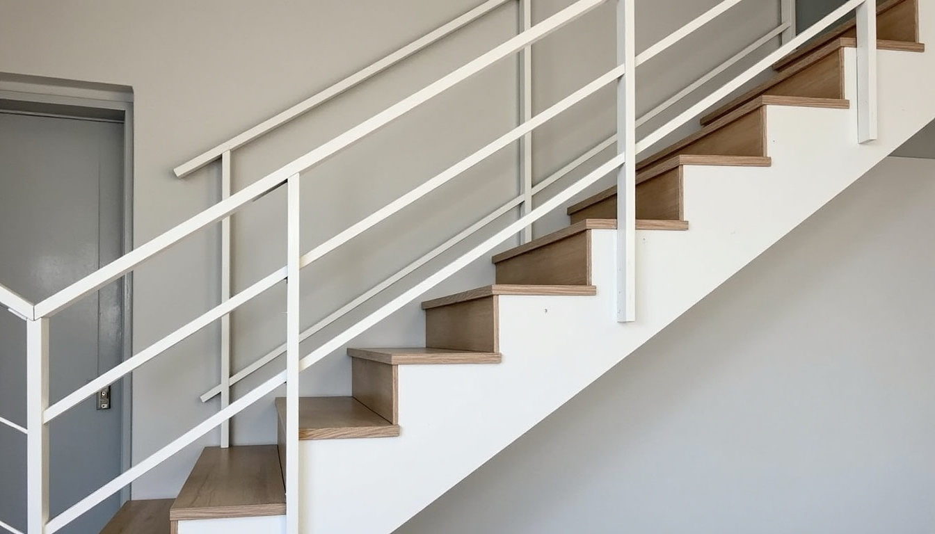Rail d’un monte-escalier tournant en cours de fabrication sur mesure pour une installation à Savigné