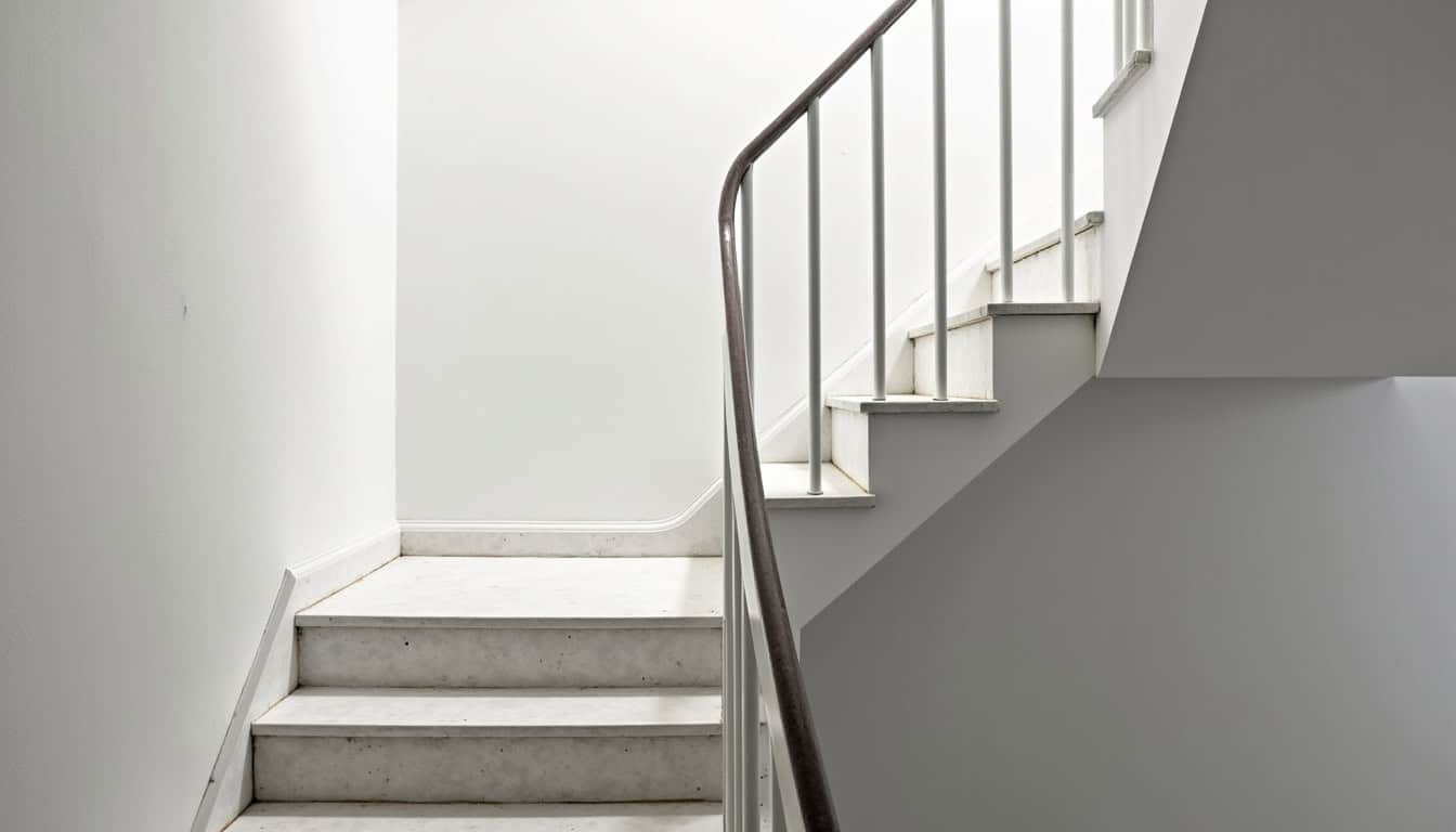 Rail tournant d’un monte escalier en cours d’installation sur un escalier à virage à Saint-Sulpice-sur-Risle