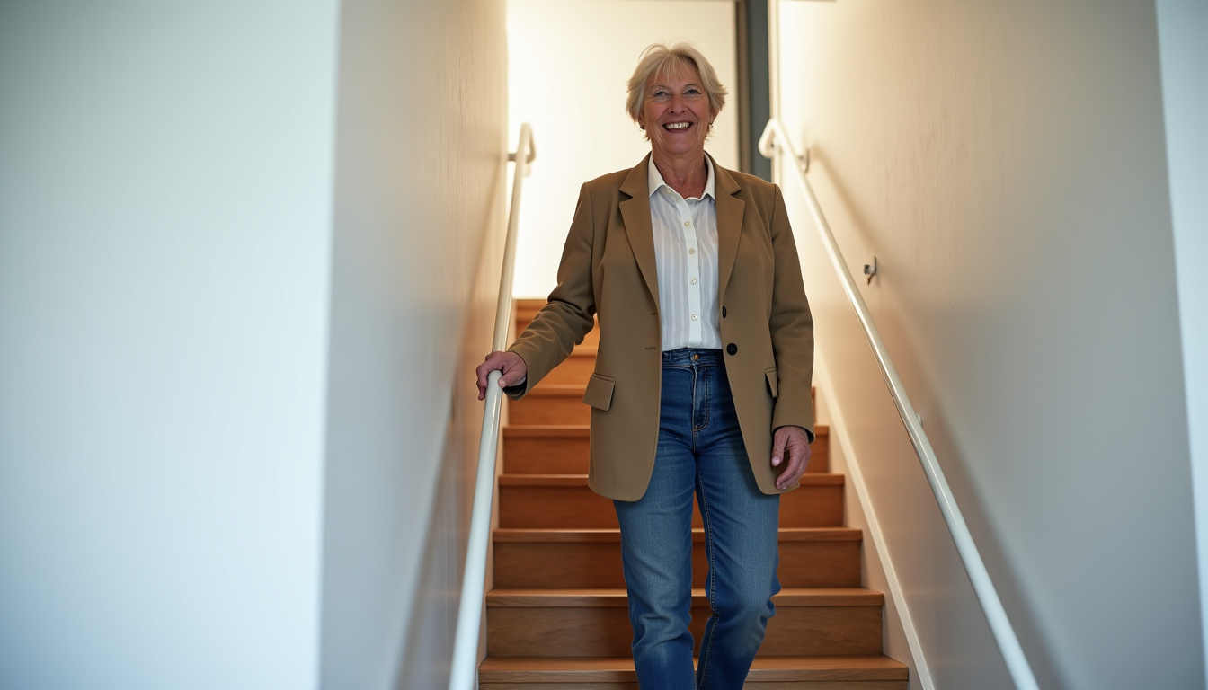 Résidente utilisant son monte-escalier à Champtocé-sur-Loire, souriante et autonome