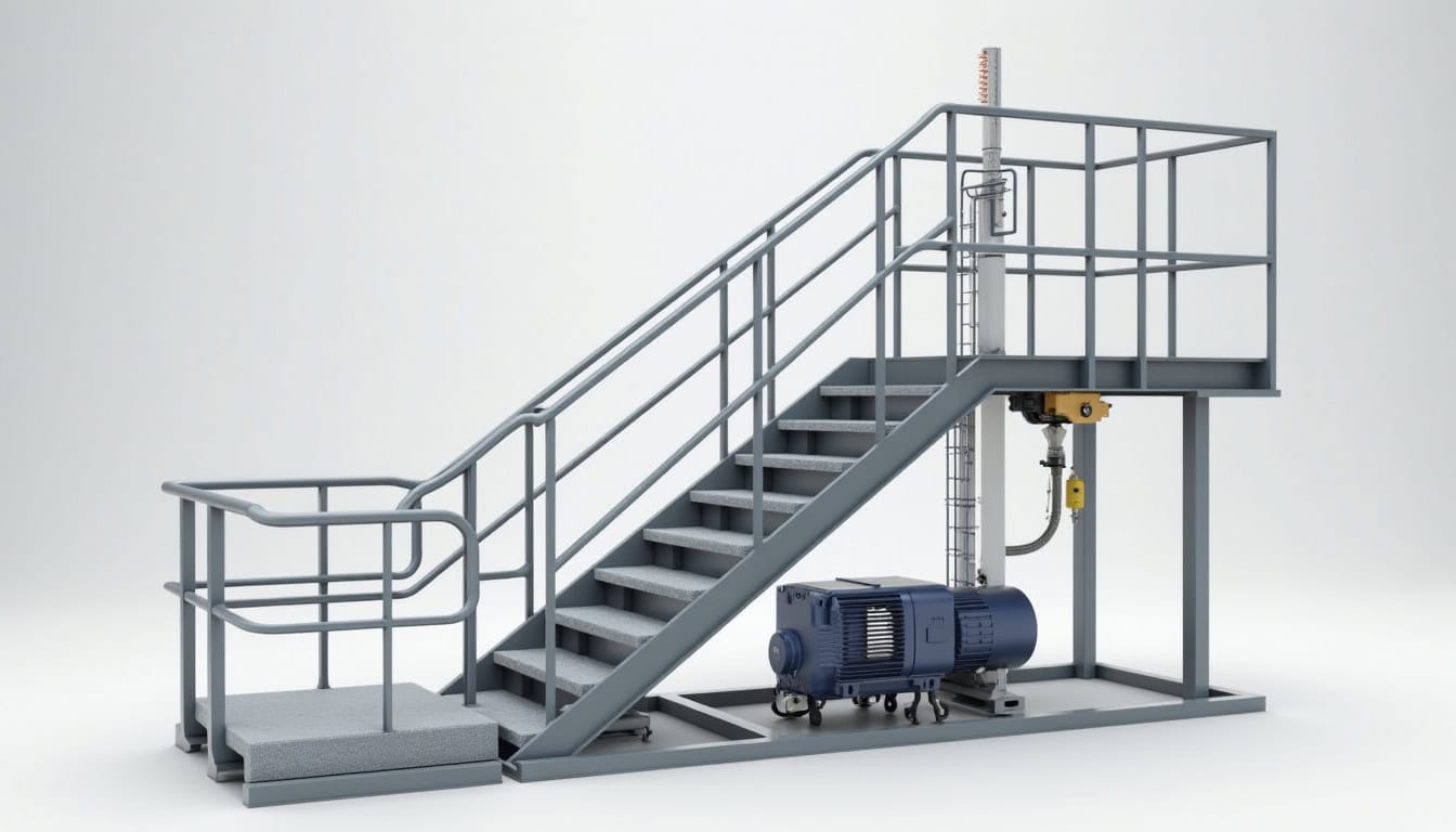 Schéma fonctionnel d’un monte-escalier montrant les composants principaux: rail, siège, moteur, télécommandes et détecteurs de sécurité