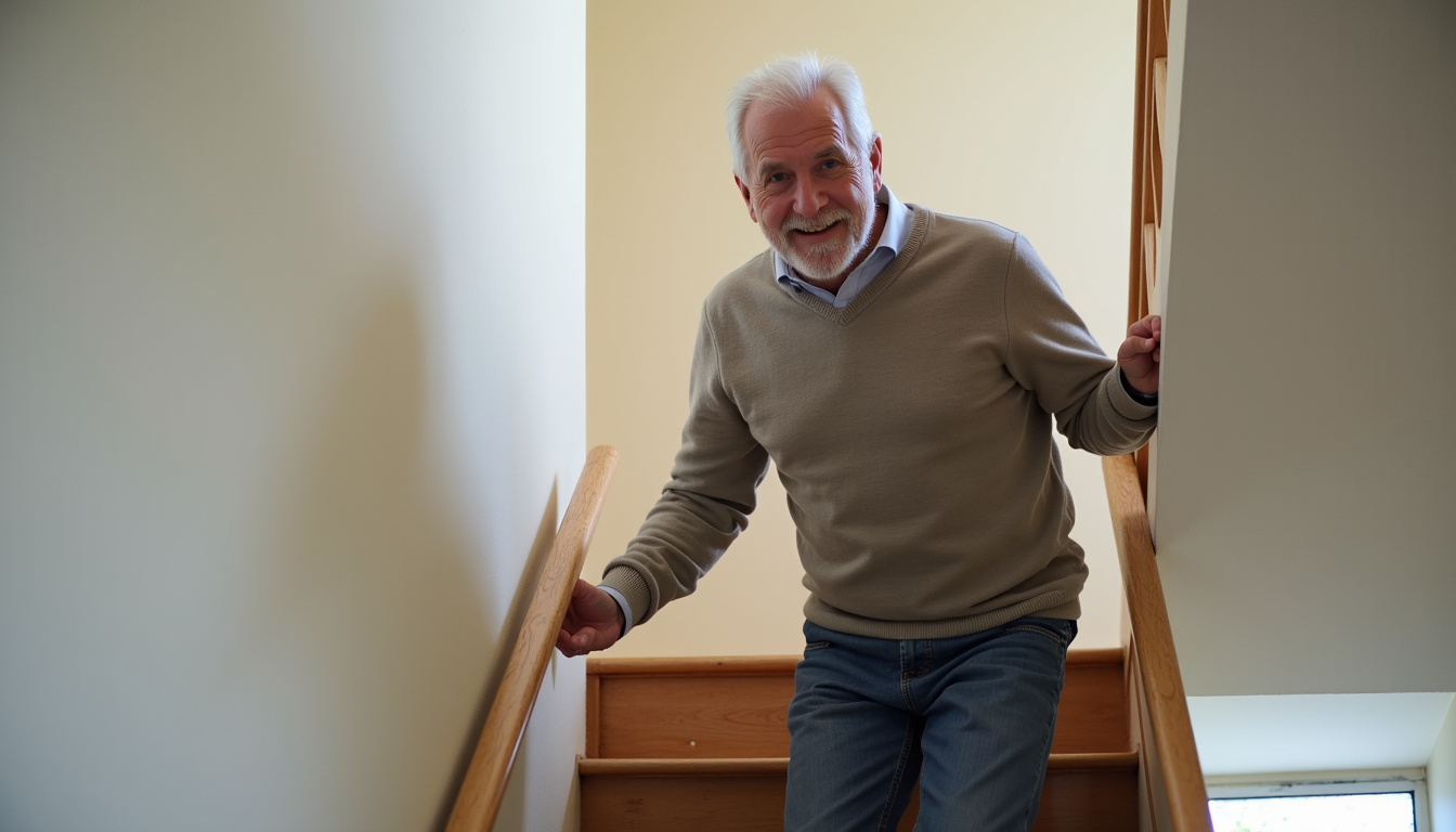 Senior souriant utilisant son monte-escalier dans une maison des Vosges
