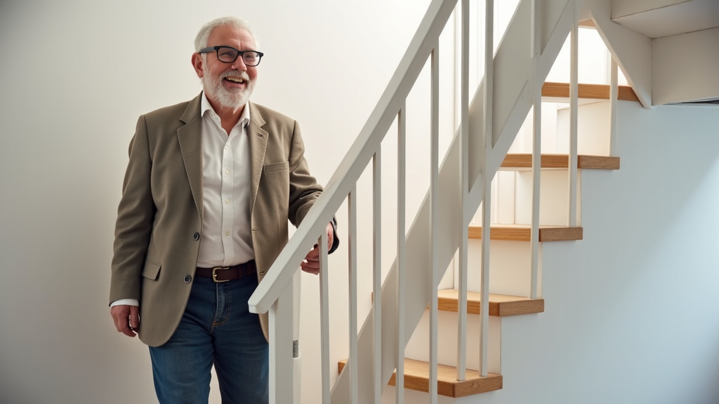 Senior souriant utilisant un monte-escalier dans sa maison d