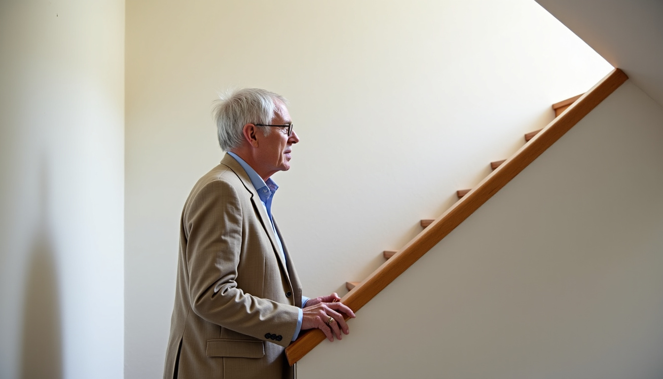 Senior utilisant un monte-escalier dans une maison de campagne à Épaignes