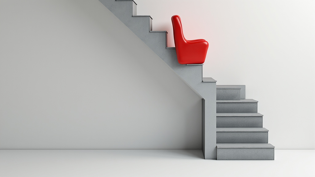 Siège de monte-escalier en position pivotée sur un palier, montrant le mécanisme de rotation