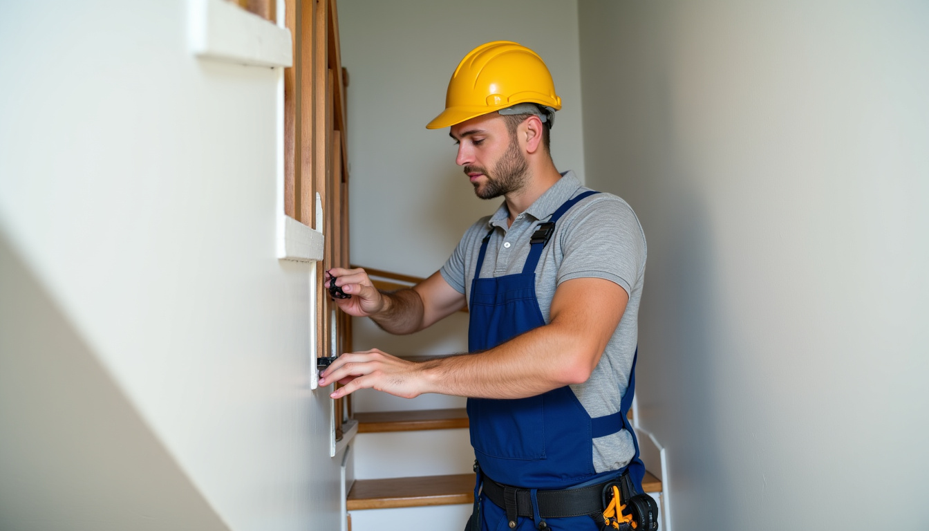 Technicien ajustant un monte-escalier tournant dans une maison de Rannée